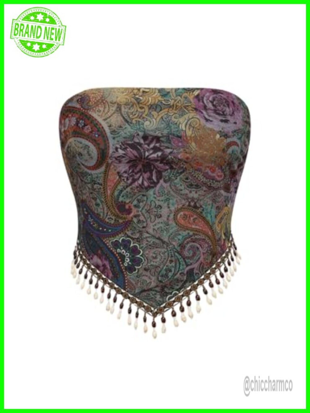 Boho Western Bandana Fringe Tube Top Y2K Festival Strapless Beaded Hem